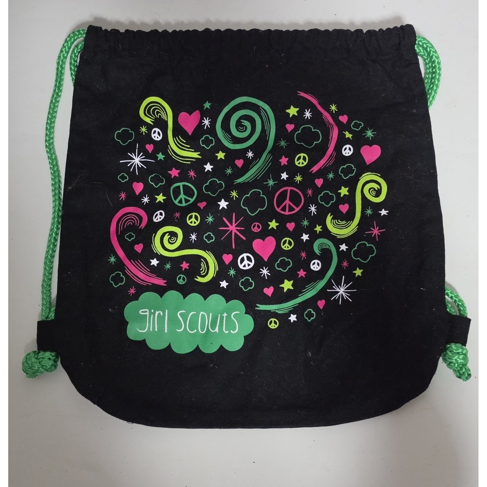 Girl Scouts Drawstring Backpack Tote Bag Black Green Peace Signs Cinch Bag